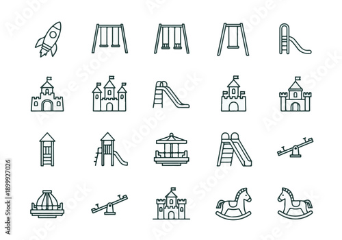 Playground and children's toy line icons set for kids leisure activities