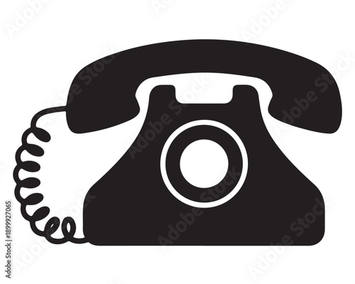 Vintage black rotary dial telephone icon silhouette classic retro landline communications equipment with coiled cord on transparent background vector