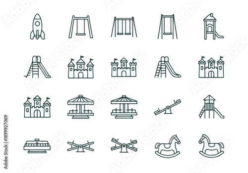 Playground equipment line icons set for children's leisure activities