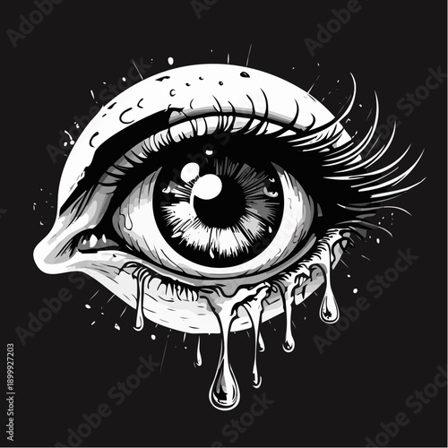 Extreme closeup of bloodshot eye weeping red liquid against dark backdrop, conveying horror and dramatic emotion.