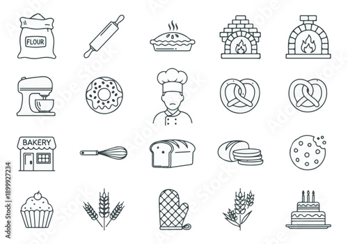 Bakery and Baking Line Icons Set: Food, Pastry, and Kitchen Elements