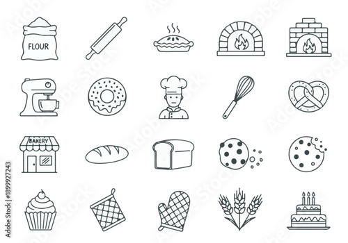 Baking and Bakery Outline Icons Set with Food, Tools, and Ingredients