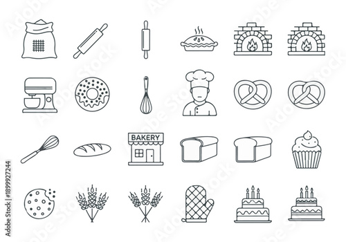 Bakery and Baking Line Icons Set: Food, Tools, and Confectionery Symbols