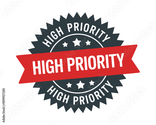 Black and red high priority badge with star details and ribbon
