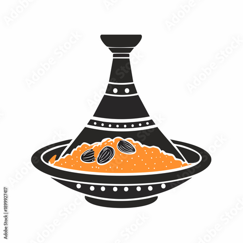 Traditional Moroccan tajine with beef, dried fruit, and couscous in ceramic serving dish.