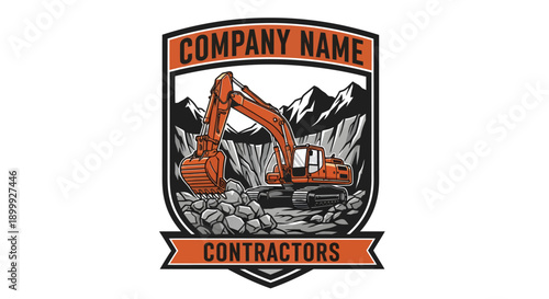 Excavator and mountains logo for contractors.