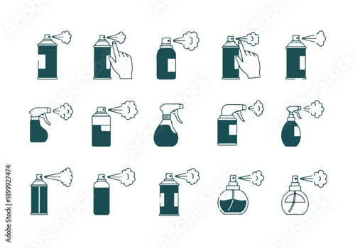 Spray cans and bottles icons with vapor clouds, minimalist vector set