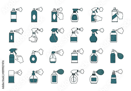 Spray Bottles and Aerosol Cans Icon Set with Atomizer Effects