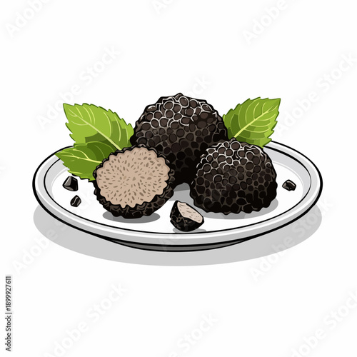 Black truffles displayed on white plate showcasing unique texture and aroma in culinary setting