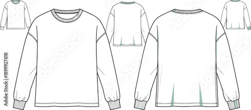Long sleeve sweatshirt technical flat sketch set showing front back and detail views casual apparel line art vector template