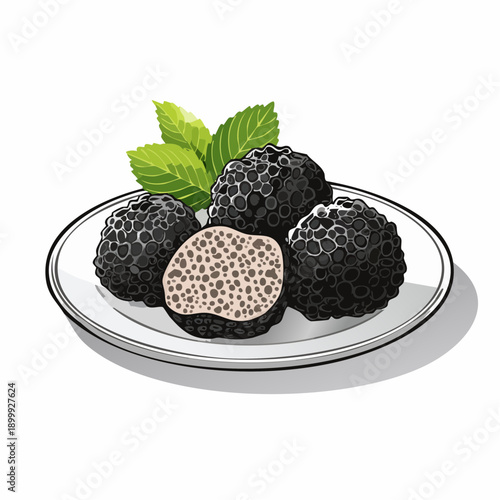 Black truffles displayed on white plate showcasing unique texture and aroma in culinary setting
