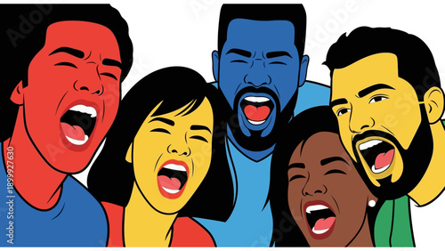 Vibrant Pop Art Illustration of Diverse Crowd Shouting Loudly. Group Expression, Emotion, Protest, and Unity Vector Graphic.
