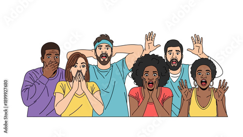 Group of Diverse People Showing Shock, Surprise, and Fear. Multicultural Crowd Reaction, Hands Raised, Gasping. Flat Vector Illustration.