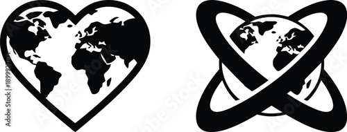 Black and white heart icon with intertwined orbital rings, high-quality professional vector illustration symbolizing love, connection, and cosmic unity