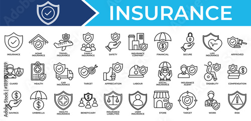 Insurance icon set collection. Containing partnership, disability, insurance, community, support, assurance, target .Line vector icons collection