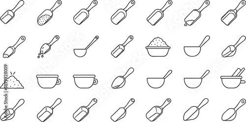 Kitchen scoop and spoon icon set including flour sugar rice bowls and measuring tools outline vector illustrations isolated