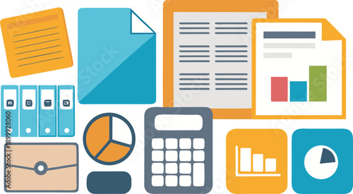 A collection of office supplies and financial documents arranged in a visually appealing composition isolated on transparent background, Vector, illustration