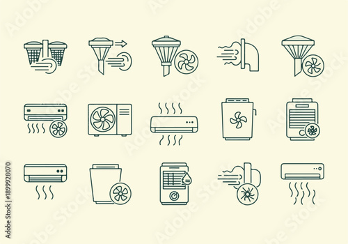 HVAC Climate Control and Air Purification Outline Icons Set