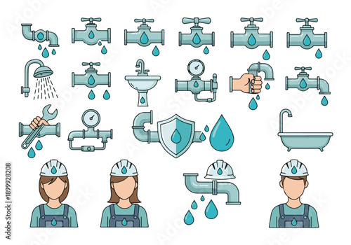 Plumbing Service Icons Set with Leaking Pipes, Plumbers, and Water Elements