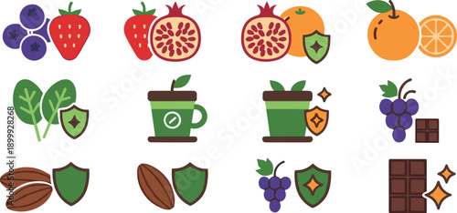 Superfood fruit and drink icons set including berries pomegranate coffee chocolate citrus with shield health symbols vector illustrations isolated