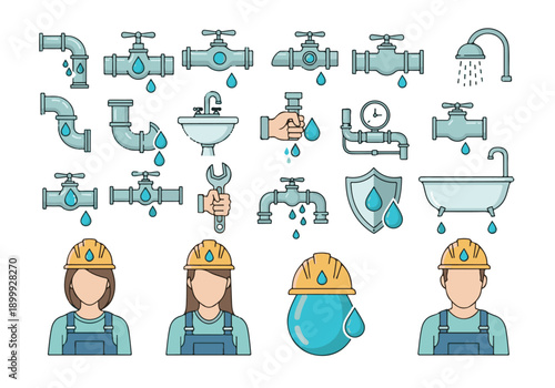 Plumbing service and repair icons set with pipes, valves, tools, and workers
