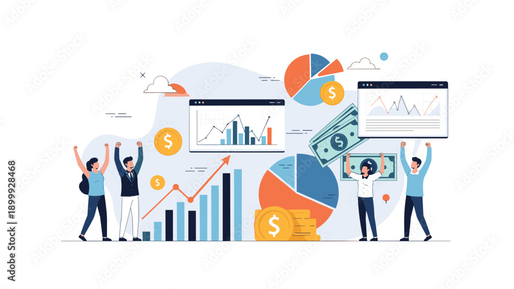 Fototapeta premium Group of joyful people celebrating major financial success surrounded by money, gold coins, and rising business performance charts.