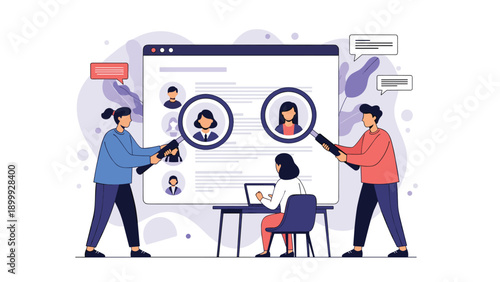 Professional recruitment team using magnifying glasses to find the best job candidates on a digital interface with various user profiles.