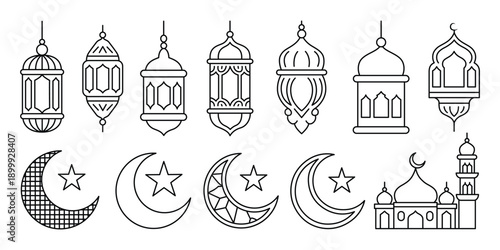 Islamic ramadan lanterns and crescent moon symbols