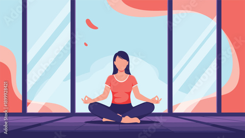 Woman practicing yoga and mindfulness meditation in a peaceful room with large windows looking out onto a soft abstract background.