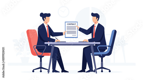 Two business professionals in formal suits sitting at a table to sign a legal contract document representing a successful agreement.
