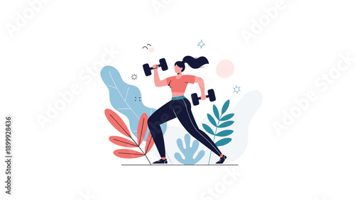 Determined woman doing a weighted lunge while lifting dumbbells surrounded by colorful abstract leaves representing fitness and health.