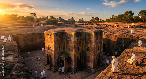 Pilgrims gather at the awe-inspiring ancient rock-hewn churches of Lalibela, Ethiopia, bathed in the golden light of dawn, a timeless testament to faith and architectural marvel