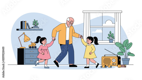 Happy grandfather dancing and playing with his two young granddaughters in a cozy living room with a vintage radio and various toys.