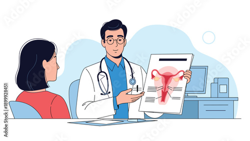 Professional male doctor explaining a medical diagram of the female reproductive system to a woman patient during a clinical consultation.