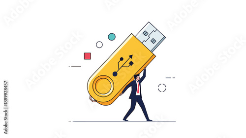 Businessman in a suit carrying a giant yellow USB flash drive on his back to represent the heavy burden of data and information storage.