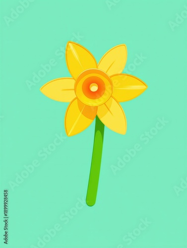 Flat vector illustration of a bright yellow daffodil flower with a green stem against a light blue background. Spring floral design element.