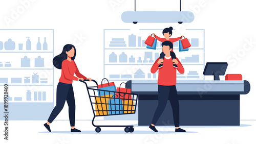 Happy family of three checking out at a grocery store with a child on the father's shoulders and the mother pushing a full shopping cart.
