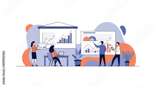 Corporate team of professionals presenting data charts and financial growth graphs on whiteboards in a modern office environment.