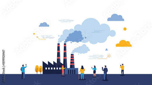 Group of people standing in front of a large industrial factory with smoking chimneys symbolizing pollution and environmental impact.