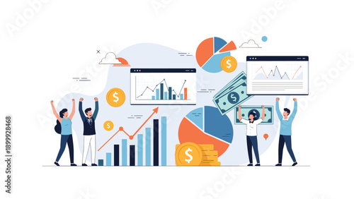 Group of joyful people celebrating major financial success surrounded by money, gold coins, and rising business performance charts.