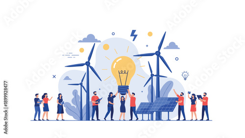 Diverse team working together on sustainable energy solutions like wind turbines and solar panels around a bright glowing light bulb.
