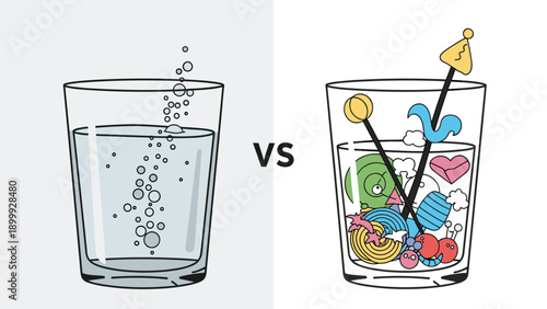 Visual comparison between a glass of refreshing sparkling water and a glass filled with diverse colorful geometric shapes and icons.