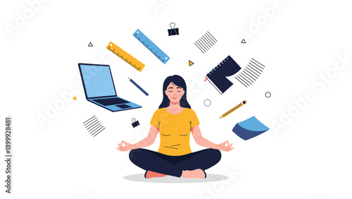 Woman sitting in a peaceful meditative pose while various office and school supplies float around her to represent focus and balance.