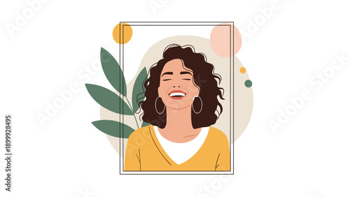 Portrait of a happy woman with curly hair laughing out loud framed by a rectangle and abstract organic shapes with green leaves.