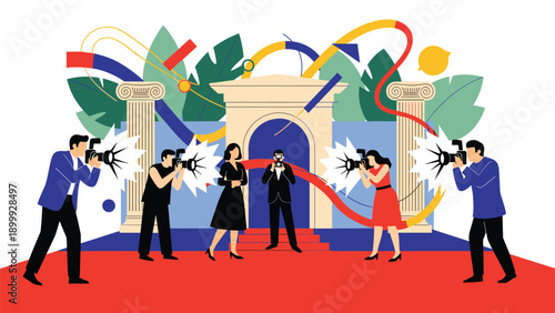 Paparazzi photographers with cameras and flashes surrounding two celebrities on a red carpet in front of a grand building with columns.