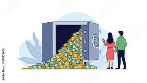 Wealthy couple standing in front of a giant open safe overflowing with stacks of cash and golden coins in a secure bank vault.