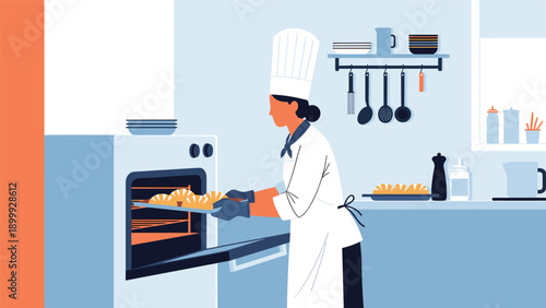 Professional female chef in a white uniform carefully removing freshly baked bread from an oven in a clean modern kitchen.