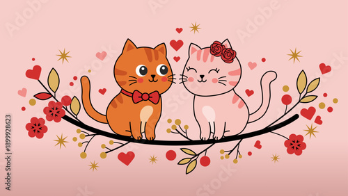 Cute Valentine Cats in Love Sitting on Branch with Hearts, Romantic Cartoon Cat Couple Illustration, 3D Style Cute Animals with Love Elements, Valentine’s Day Greeting Design, Whimsical Cat Artwork fo