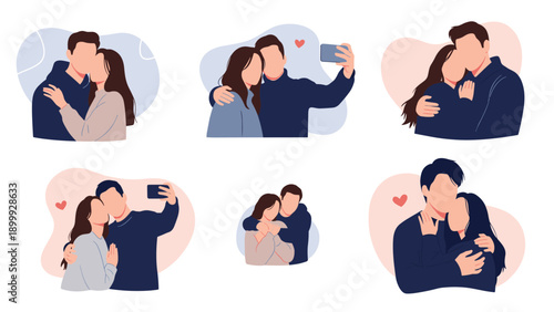 Set of diverse couples in romantic poses sharing hugs, kisses, and taking selfies to celebrate their love and relationships.