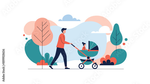 Loving father taking a leisurely walk with his baby in a modern stroller through a colorful park with trees and bushes.